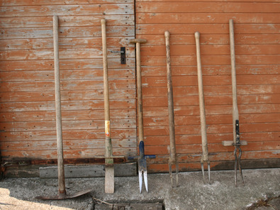 (c) AGRIDEA, Büro Alpe, FiBL Werkzeuge zum Auagraben der Alpenblacke.